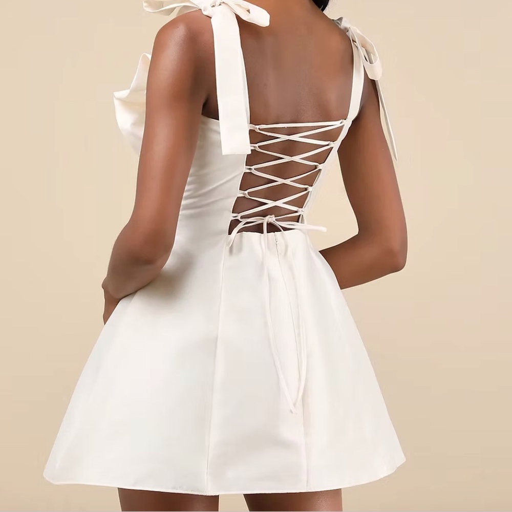 NWT Lulus Champagne Taffeta Bow Lace-Up Mini Dress (Medium) - Picture 2 of 4
